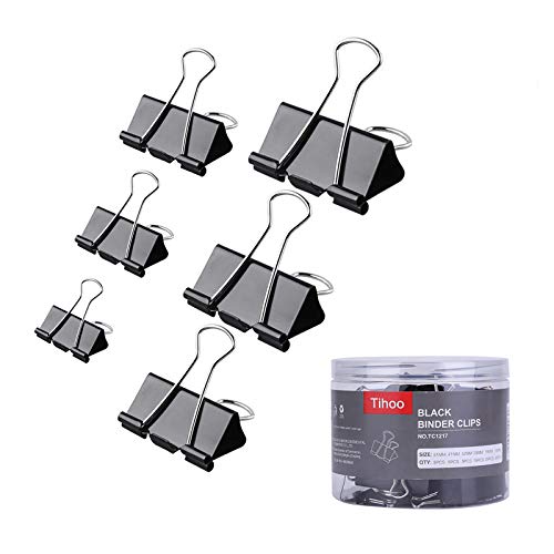 Tihoo 100pcs Paper Binder Clips, Assorted Sizes Paper Clips Clamps for Paperwork, Document, Letter, School Use, Office Supplies, Mini, Small, Medium, Large, Extra Large, Strong Grip, Black