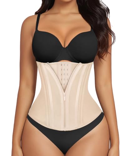 SHAPERX Waist Trainer for Women Underbust Corset Shapewear Tummy Control Workout Waist Cincher Body Shaper Zipper and Hooks SZ7310-Beige-M