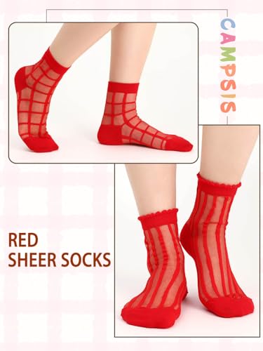 Campsis Women Sheer Socks, Red Pattern Sheer Ankle Sock, Sheer Lace Sock with Design2