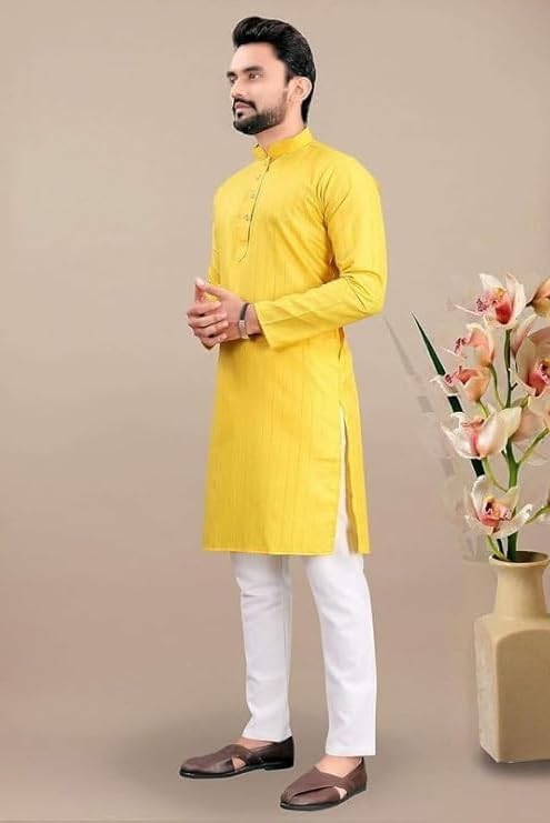 Image of FASHION GALLERY Men's Solid Pattern Polycotton Kurta with Long Sleeve Round Neck Knee Length and Pull On Closure Type|Men Kurta Pajama Set