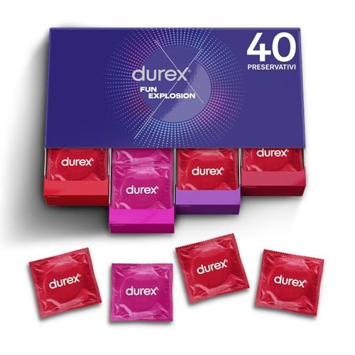 Durex Fun Explosion Mix di Preservativi Sottili, Con Rilievi e Nervature e Aromatizzati alla Fragola , 40 Profilattici, Esclusiva Online