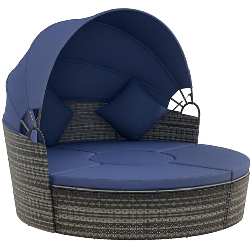Outsunny 4-Piece Round Convertible Daybed with Cushions, Outdoor PE Rattan Patio Wicker Sofa Set, Sunbed with Adjustable Sun Canopy, Sectional Sofa, 2 Chairs, Table, 3 Pillows, Dark Blue