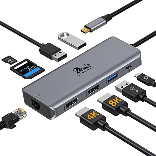USB C Hub to Dual HDMI Docking Station with Ethernet Port, USB C Adapter Dual Monitor with 2 HDMI, 100W PD, 3 USB and SD/TF Card Reader for MacBook Pro Air, Dell XPS, HP and More Type-C Laptops