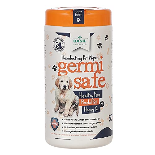 Image of Basil Pet Wipes Germisafe Disinfecting Sanitizing Anti-Bacterial Wet Wipes Cleansing Deodorizing & Grooming Wipes for Dogs Puppies (50 Pieces)