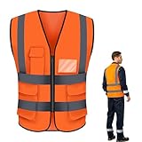 ZFRITP 1 Stück Sicherheitswesten Warnweste,Sicherheitsweste Warnweste,Warn weste Orange Mit Taschen,Warnschutzjacke,Hohe Sichtbarkeit Reflektierendes Weste Executive Manager Jacke Zip 2 Band Brace.