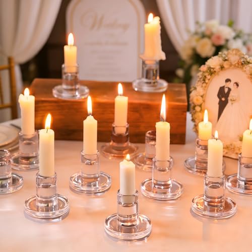 NUPTIO Bougeoir Verre Chandelier Lot de 20 Bougeoir en Verre Transparent Bougies à Réchauds en Forme de Pilier Centre de Table pour la Décoration des...
