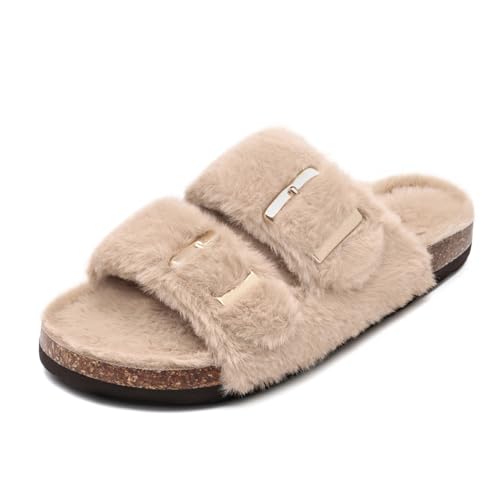 Rainlin Women's Fuzzy Slippers Comfy Cork Footbed Fluffy Slides Open Toe Indoor Outdoor House Shoes with Arch Support Camel Size 9