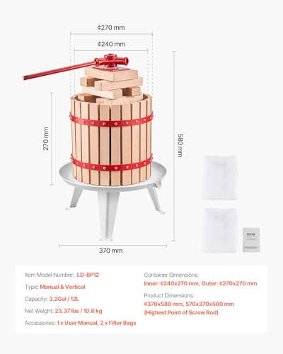 Image of VEVOR 3.2 Gal /12L Fruit Wine Press, Solid Wood Basket with 8 Blocks, Heavy Duty Manual Juice Maker, Cider Apple Grape Tincture Honey Olive Oil Making Press with Handle for Kitchen, Home