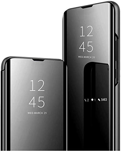 Funda compatible con One Plus 6T One Plus 6 cartera protección 360 grados espejo Screen Flip placa Stand Case Cover Clear View Cover protectora Negro Medium
