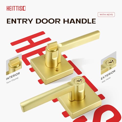 Heittis 2 Pack Satin Brass Interior Door Handle, Interior/Exterior Gold Door Knob with Lock and Key, Gold Entry Door Handle for Entracnce or Front Doors, Heavy Duty Modern Door Knob by Heittis - Image 3
