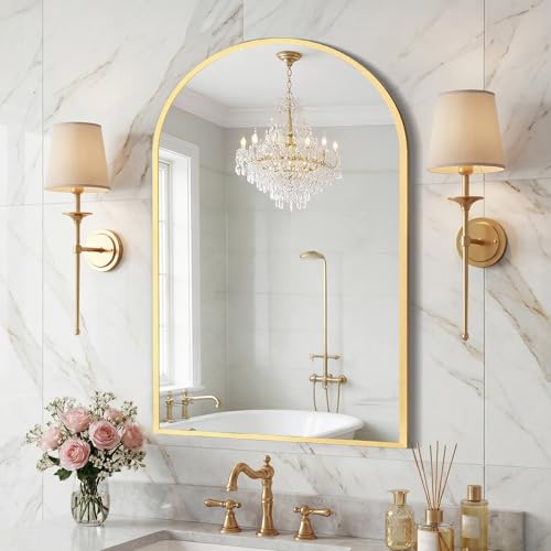 Image of Sweetcrispy 22 inchx30 inch Arched Gold Bathroom Mirror, Bathroom Mirrors for Over Sink, Modern Wall Mirrors Arch Decorative for Entryway, Bedroom, Vanity,Horizontal or Vertical Hanging