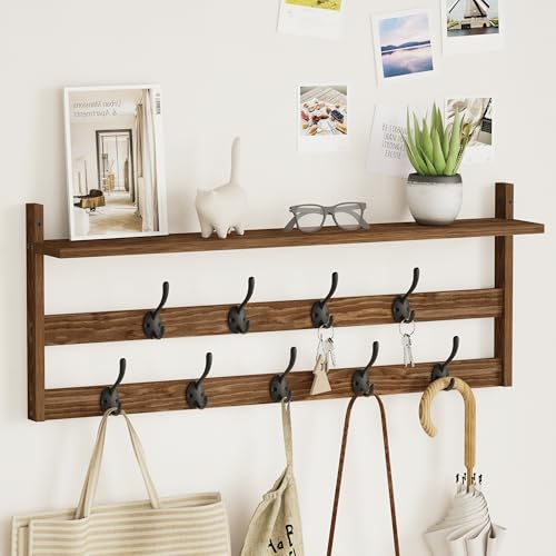 Image of AMBIRD Coat Rack Wall Mount with Shelf, 29 inch Coat Hooks Wall Mounted with 9 Metal Hooks for Entryway, Bathroom, Bedroom, Living Room, Kitchen, 2 Tier Wall Hooks for Clothes, Hat, Towel, Key, Purse