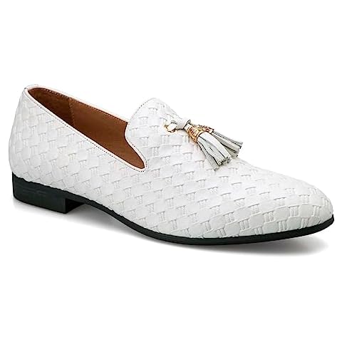 Meijiana Men’s Fashion Loafers Wedding Dress Shoes White for Men with Tassel Embellishment, White-46, 12 US Cover