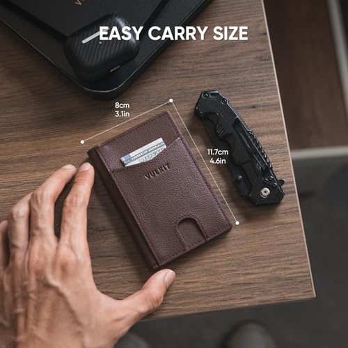 Image of VULKIT Bifold Front Pocket Slim Wallet RFID Blocking Minimalist Thin Genuine Leather Credit Card Holder Wallet for Men and Women Litchi Espresso