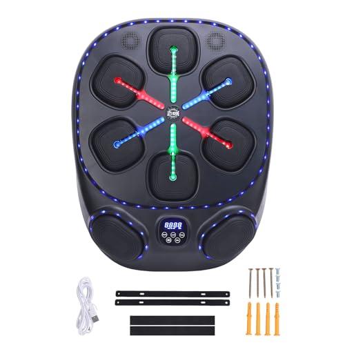 Smart music boxing machine with colorful LED lights and multiple pressure-sensitive pads, designed for interactive workouts, suitable for both adults and kids.