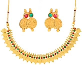 Zeneme Jewellery Set Gold Plated Pearl Studded Bangles Jewelry, Long Maharani Temple Coin Necklace, Short Red Green Necklace Set with Earring Jewellery for Women and Girl