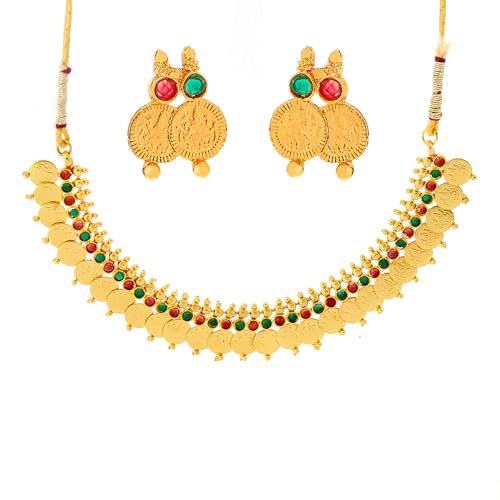 Zeneme Jewellery Set Gold Plated Pearl Studded Bangles Jewelry, Long Maharani Temple Coin Necklace, Short Red Green Necklace Set with Earring Jewellery for Women and Girl