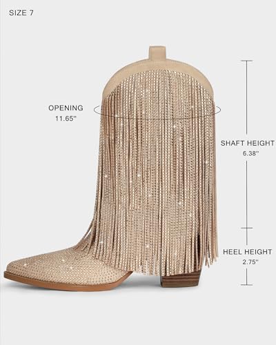 Image of Ouepiano Cowboy Boots for Women - Cowgirl Rhinestone Boots with Sparkly Fringe Pointed Toe Western Boot Chunky Heel Pull-On Wide Calf Botas Vaqueras