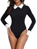 Milumia Women Colorblock Rib Knit Long Sleeve Doll Collar Keyhole Back Bodysuit Shirt Top Black Medium