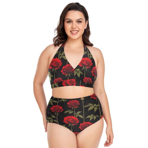 Bikini grande taille réglable à fleurs rouges pour sublimer vos journées farniente à la plage