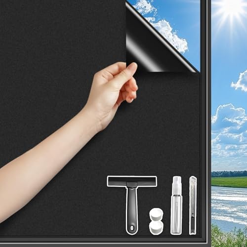 DARUITE Blackout Window Film Privacy,Blackout Film100% Total Light Blocking Non Adhesive No Glue Static Cling Blackout Stickers,Black Window Film Frosted for Glass Windows and Doors(Black 30 * 200CM)
