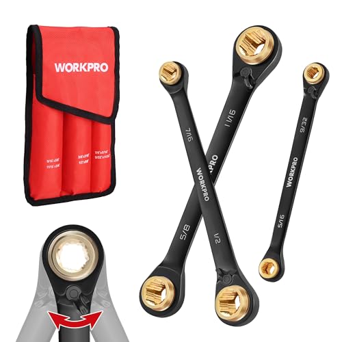WORKPRO 3-Piece 4-in-1 Reversible Ratcheting Wrench Set 12 Sizes in 3 Wrenches (1/4-3/4) SAE Anti-Slip Double Box End 72-Tooth CR-V 6-Point with Storage Bag - for Repair & Maintenance