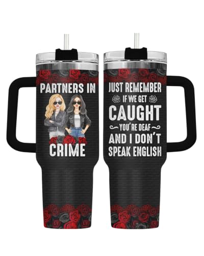 34HD Partners in Crime Tumbler with Handle and Straw 40oz Stainless Steel Bestie Drinking Cup BFF Coffee Mug Best Friends Gifts for Birthday Christmas Funny Friends Gift Ideas for Women