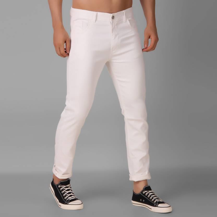 Image of Men Regular Mid Rise White Cotton Blend Jeans | Solid Casual Jeans (28, White)