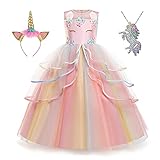Yipkorra Unicorn Dress for Girls Unicorn Costume Pageant Princess Party Birthday Long Gown with Headband & Necklace (Champagne, 120 4-5 Years)