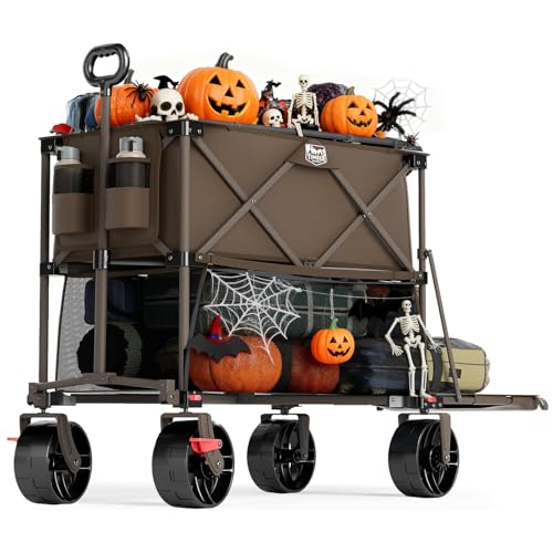 TIMBER RIDGE 400L Large Capacity Folding Double Decker Wagon with Brakes, 54' Extra Long Extender Wagon Cart, 450lbs Heavy Duty Collapsible Cart, All-Terrain Big Wheels for Camping, Sports, Shopping