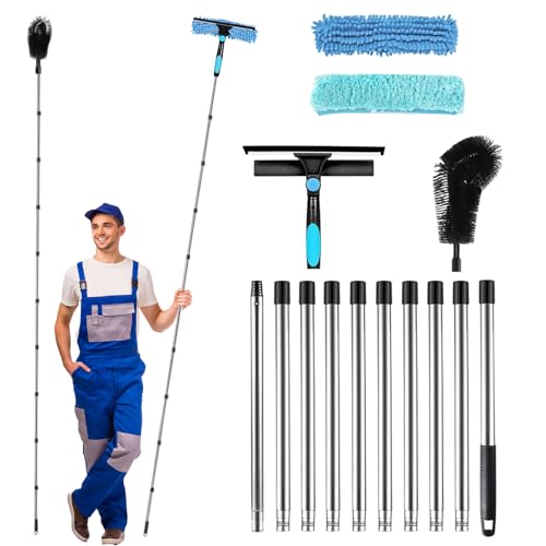 Kit de herramientas de limpieza de escobilla de 3,8 m, limpiador telescópico de canalones de 10 postes, limpiador de ventanas portátil y cepillo de limpieza de canalones de techo para limpiar vidrios