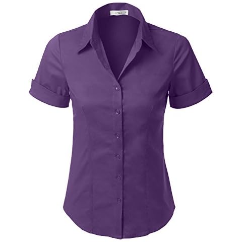 LE3NO Womens Tailored Short Sleeve Button Down Shirt With Stretch,L3nwt575_purple,X-Small Cover