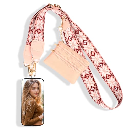 YouxuanAio Clip and Go Strap for Phone With Wallet Crossbody Phone Strap With Zippered Pouch Cross Body Phone Lanyard With Zipper Wallet Pouch Adjustable (Pink-2)