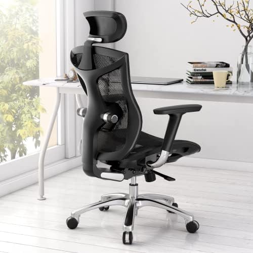 SIHOO Ergonomic Office Chair with 4D Arms, 2-Way Lumbar Support - Adjustable Seat Depth - PU Headrest  Height-Adjustable Backrest  High-Back Computer Desk Chair (Black)