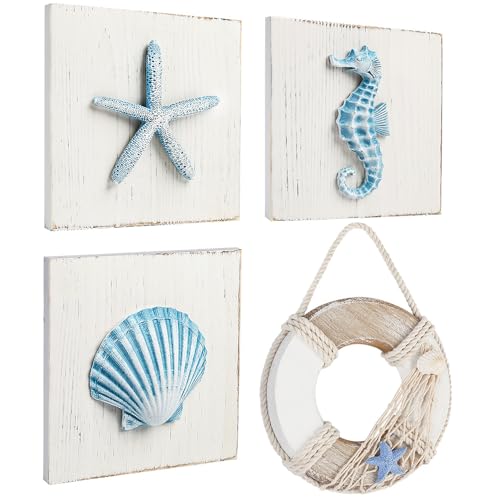 LotFancy Beach Wall Décor, 4 Pack, 3D Seashell, Starfish, Seahorse