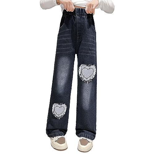 Kids Girls Heart Ripped Baggy Jeans Elastic High Wasit Straight Wide Leg Denim Pants Y2k Casual Boyfriend Trousers Sweatpants