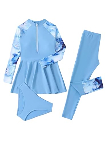 Hansber Girls Swim Dress with Pants Briefs Set Rash Guard Swimsuit Summer Seaside Beachwear Long Sleeve Bathing Suit