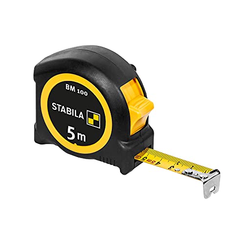 Stabila Taschenbandmaß BM 100, 5 m, Maßband mit metrischer Skala, bruchsicheres ABS-Gehäuse, beweglicher Anfangshaken, Gürtel-Clip, MID-Genauigkeit, Schwarz/Gelb
