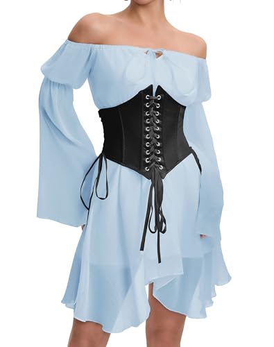 Image of Womens Corset Dress Off Shoulder Bell Sleeve Casual Party Pirate Fairy Dress Set