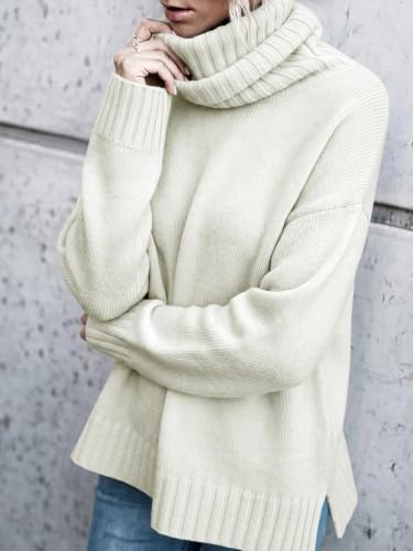 Image of FISACE Womens Oversized Turtleneck Pullover Sweater Cable Knit Sweater Tops | Long Sleeve,Slouchy,Fall,Winter,Lightweight,Loose,Trendy,Casual,Sexy