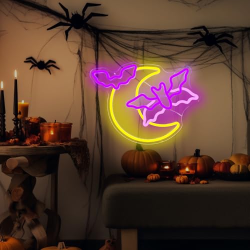 Image of Halloween Neon Sign Moon Flying Neon Bat Sign Led Halloween Decorations Halloween Flying Bat Lights Halloween Led Sign Gothic Neon Sign for Halloween Party Wall Decor Window
