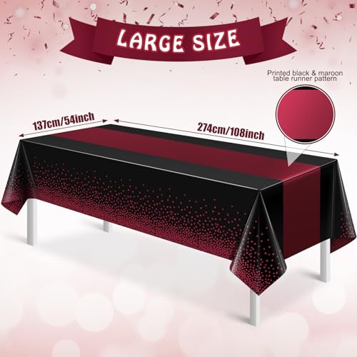 Image of 3Pcs Black and Maroon Tablecloth Party Decorations,Plastic Black Table Cloth Printed Maroon Table Runner Disposable Rectangle Table Cover for Birthday Wedding Graduation Anniversary Party,54x108Inch