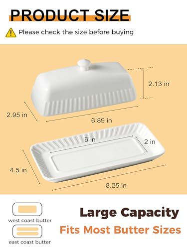 Ceramic Butter Dish with Lid, White Butter Holder Container with Porcelain Cover Knob Handle, Butter Dishes for Countertop Refrigerator, Perfect for East West Coast Butter Storage, Striped - Image 3