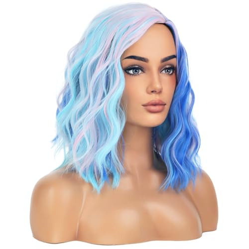 Image of BERON Pink and Blue Wigs for Womens Short Curly Wavy Wig Girls Colorful Side Part Wigs Shoulder Length Heat Resistant Synthetic Cosplay Party or Daily Use Wigs