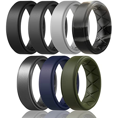 Egnaro Silicone Wedding Rings Mens, Inner Arc Breathable Design Silicone Rings for Men, 7 Rings / 4 Rings / 1 Ring Step Edge Rubber Wedding Engagement Bands Comfort for Workout, 8mm Wide-2mm Thick