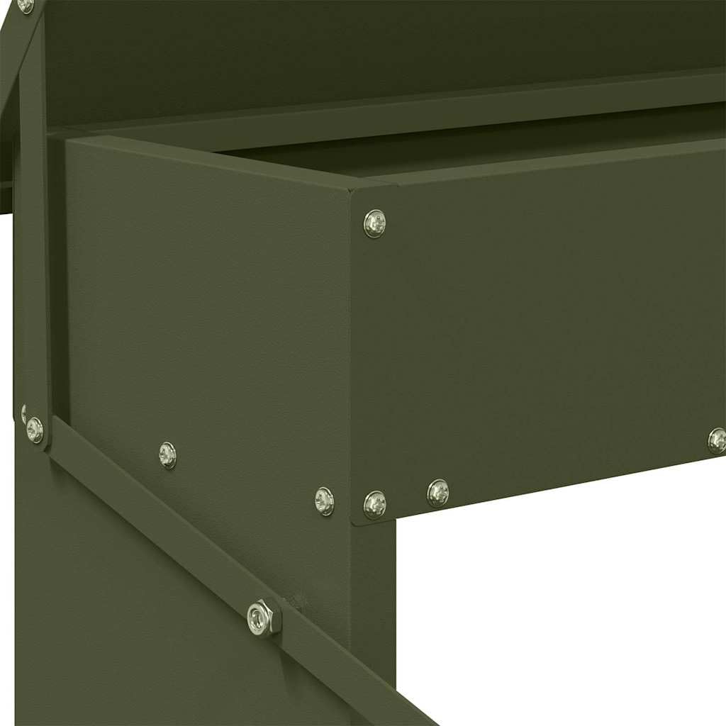 Metalowy karmnik na kurczaki, oliwkowa zieleń, 48,5 x 39,5 x 19 cm, karmnik dla kurczaków ze stali z systemem pedałowym, dozownik żywności do ogrodu lub tarasu, funkcjonalny design