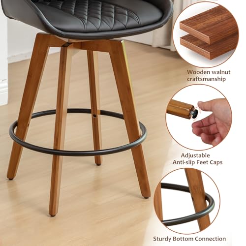 Image of Bar Stools Set of 2, Mid Century Modern Retro Swivel Counter Height Bar Chairs, Furniture with Curved Back, Faux Leather Upholstered and Walnut Wood Frame for Bar /Pub /Island (Black, 26.3 inch-2 PCS)