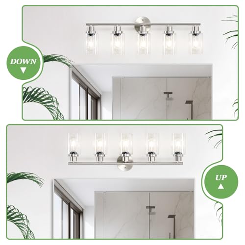 Image of 5-Light Bathroom Vanity Lights, E26 Modern Brushed Nickel Bathroom Light Fixtures with Clear Glass Shade, Mirror Kitchen Hallway Cabinet Living Room Sconces Wall Lights