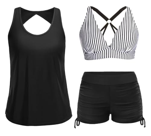 Image of Yonique 3 Piece Tankini Swimsuits for Women Swim Tank Top Bathing Suits with Boy Shorts and Bra Athletic Swimwear