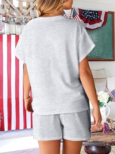 Image of VILOVE 4th of July 2 Piece Sequin Outfits Women Star Stripe Shirts and Short Sets Casual Patriotic Shirt Summer Set